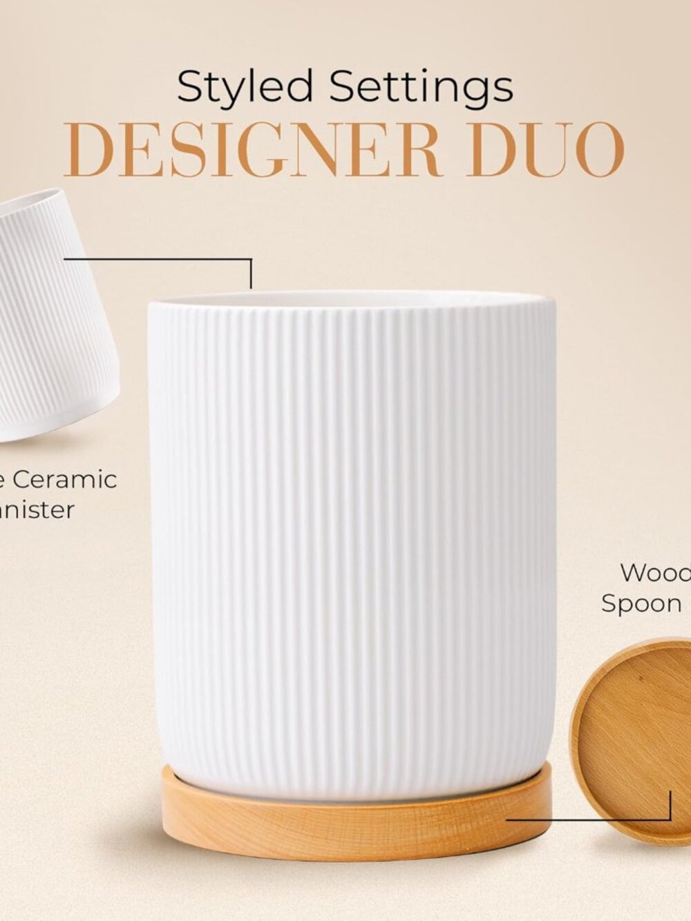 White Ceramic Utensil Holder with Built-In Wooden Spoon Rest –2PC Set for Kitche - Picture 3 of 8